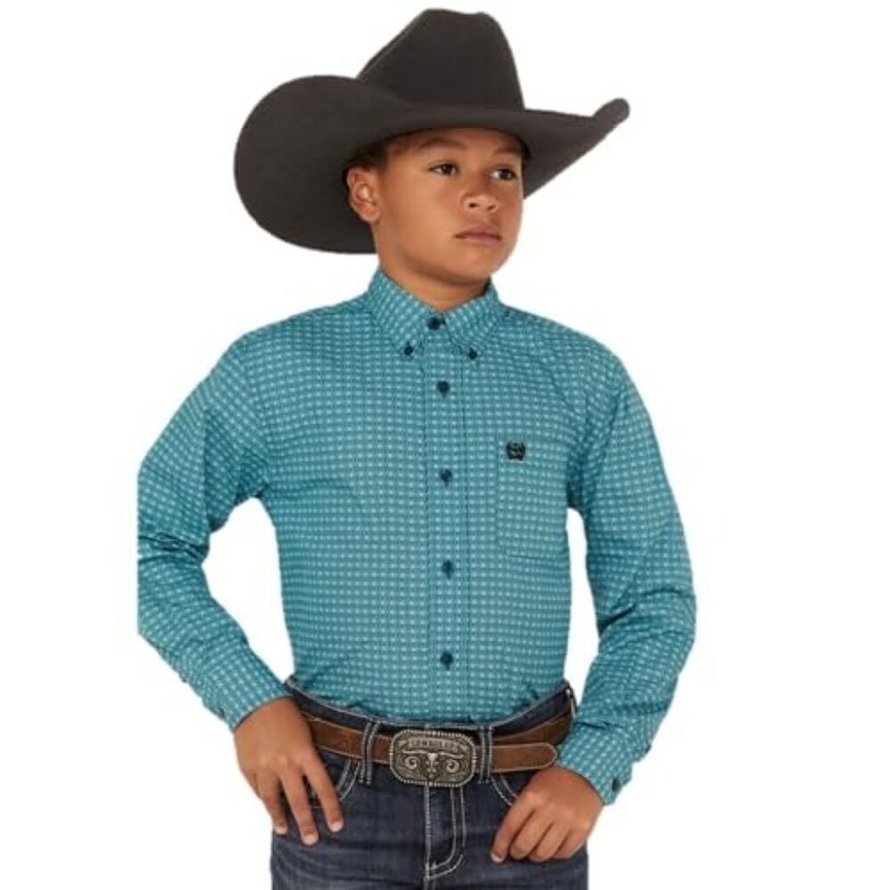 Cinch Boy's MD Long Sleeve Geo Print Button Shirt Turquiose MTW7060375